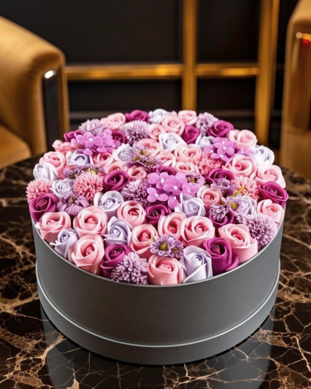 高貴玫瑰香皂花圓形特大黑禮盒 (粉紫)
