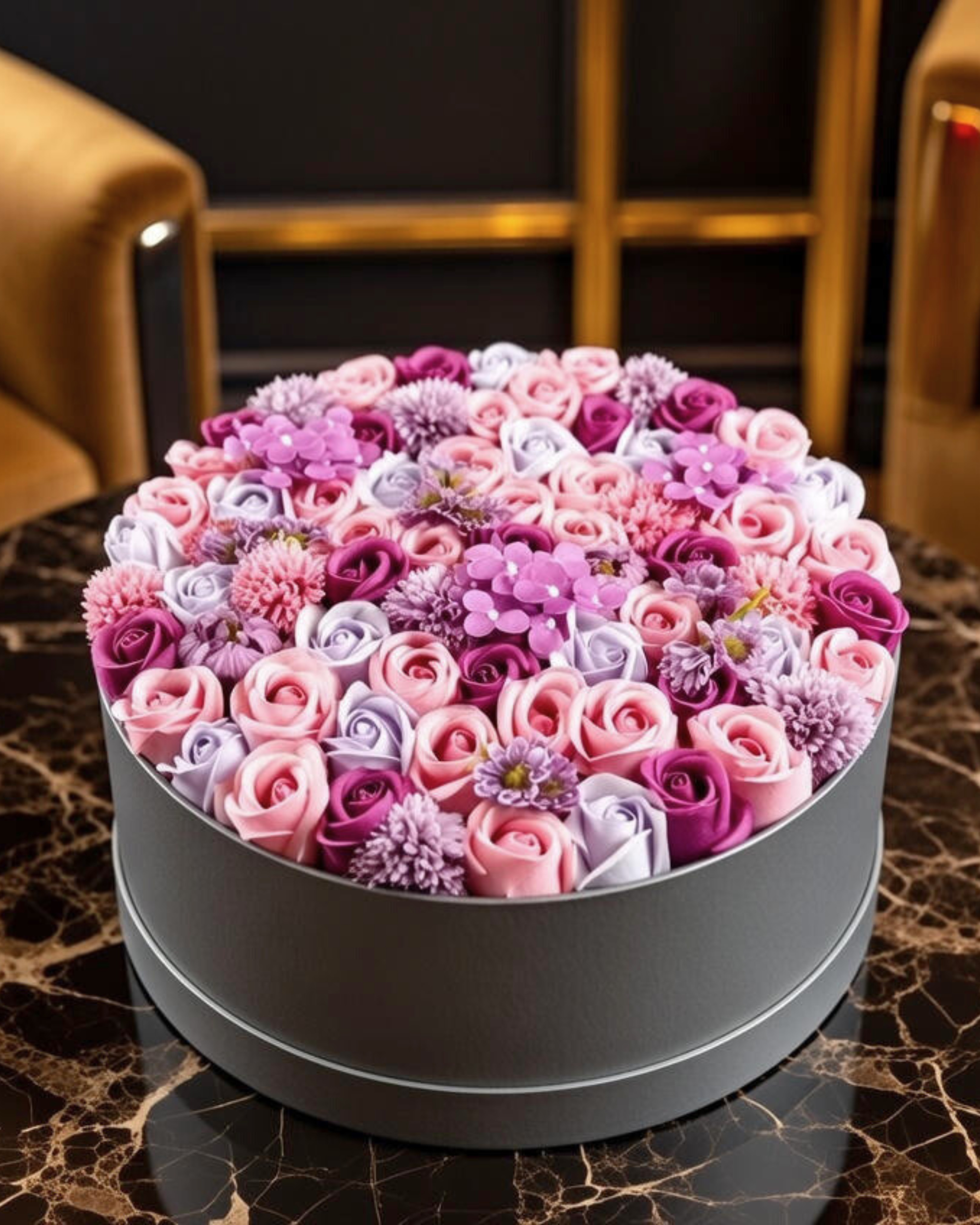 高貴玫瑰香皂花圓形特大黑禮盒 (粉紫)